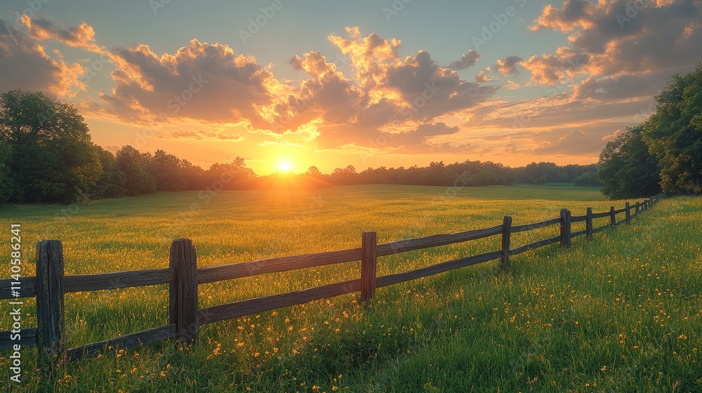 Fototapeta premium Sunset illuminating green meadow with wooden fence and trees