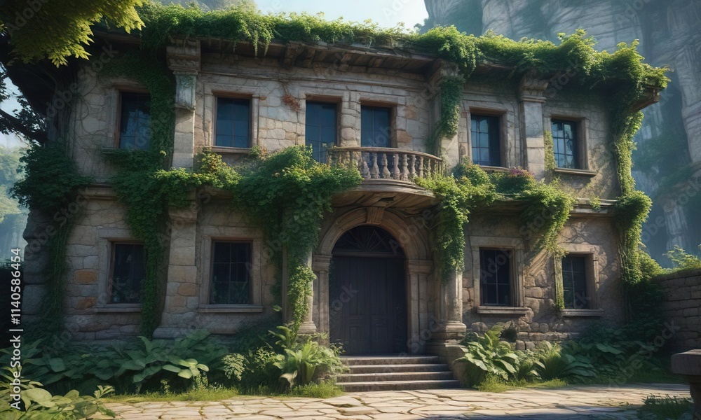 Ancient stone building covered in dense ivy and vines, vines, foliage Ancient stone building covered in dense ivy and vines, vines, foliage