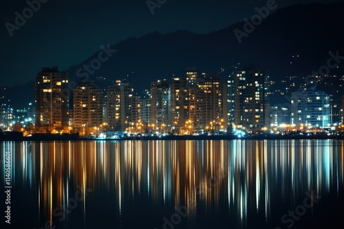 North Vancouver City Skyline at Night with Rocky Mountains and Buildings Panoramic View