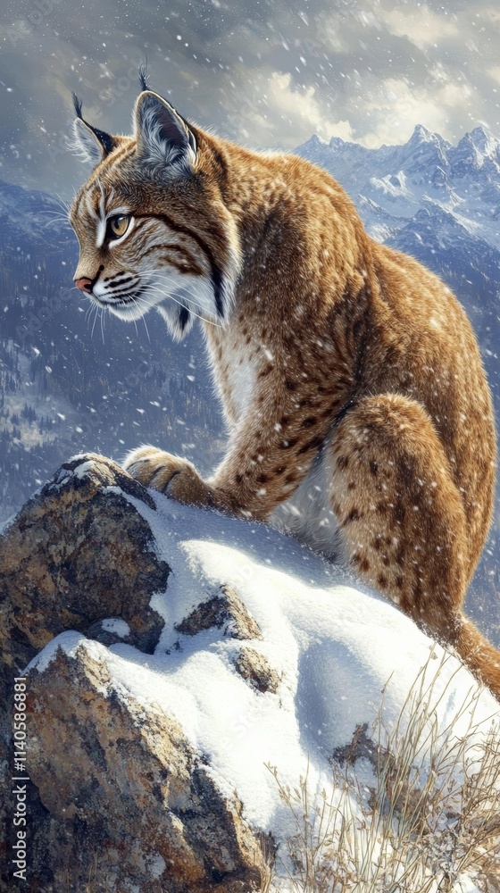 Fototapeta premium Majestic lynx observing snowy mountain landscape during snowfall