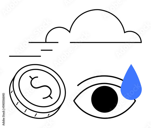 Cloud above dollar coin and eye with blue tear illustrating financial challenges. Ideal for economy, finance, recession, banking, emotional stress, crisis communication, and sadness. Line metaphor