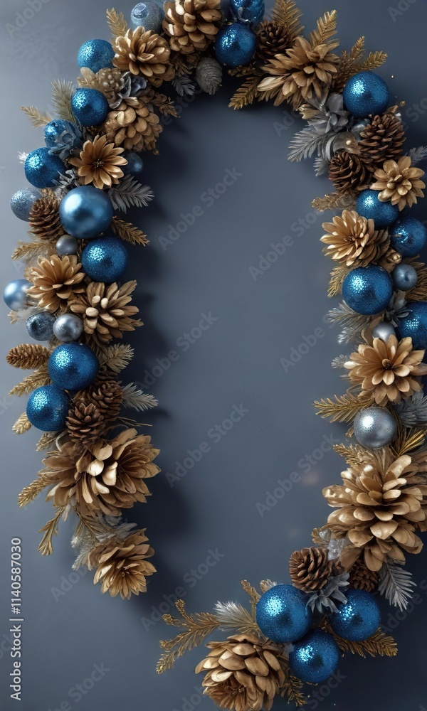 Blue sequined garland with gold and silver accents and pinecones, blue sequin garland, metallic accents, frosty flowers Blue sequined garland with gold and silver accents and pinecones, blue sequin garland, metallic accents, frosty flowers