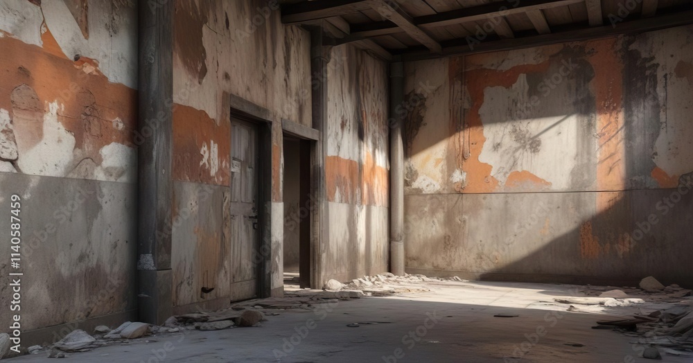 Muted, textured walls with a mix of grey and brown hues, resembling an old, abandoned building, grunge, weathered Muted, textured walls with a mix of grey and brown hues, resembling an old, abandoned building, grunge, weathered