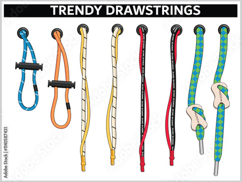 SET OF TRENDY DRAWSTRINGS FOR WAIST BAND, BAGS, SHOES, JACKETS, SHORTS, PANTS, DRESS GARMENTS, DRAWCORD AGLETS FOR CLOTHING AND ACCESSORIES VECTOR ILLUSTRATION