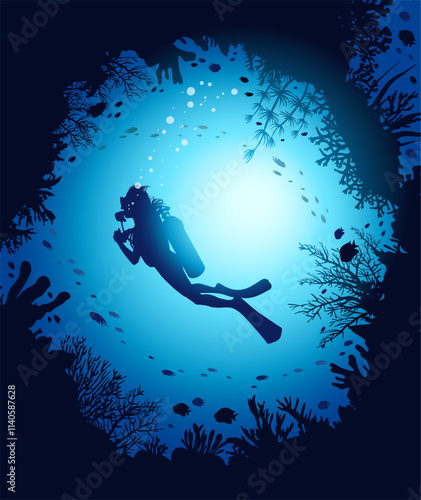 Vector illustration with silhouette of scuba diver, coral reef and school of fish. Underwater wildlife. Seascape with coral cave. 