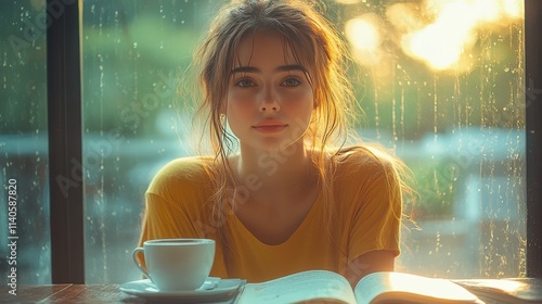 Young woman enjoying coffee and reading a book by a window on a rainy afternoon