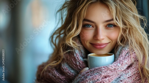 Young woman enjoying coffee and reading a book by a window on a rainy afternoon