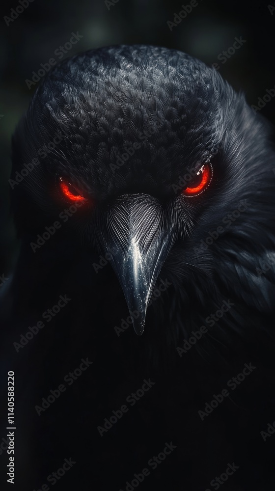 Black crow showing red eyes in dark background