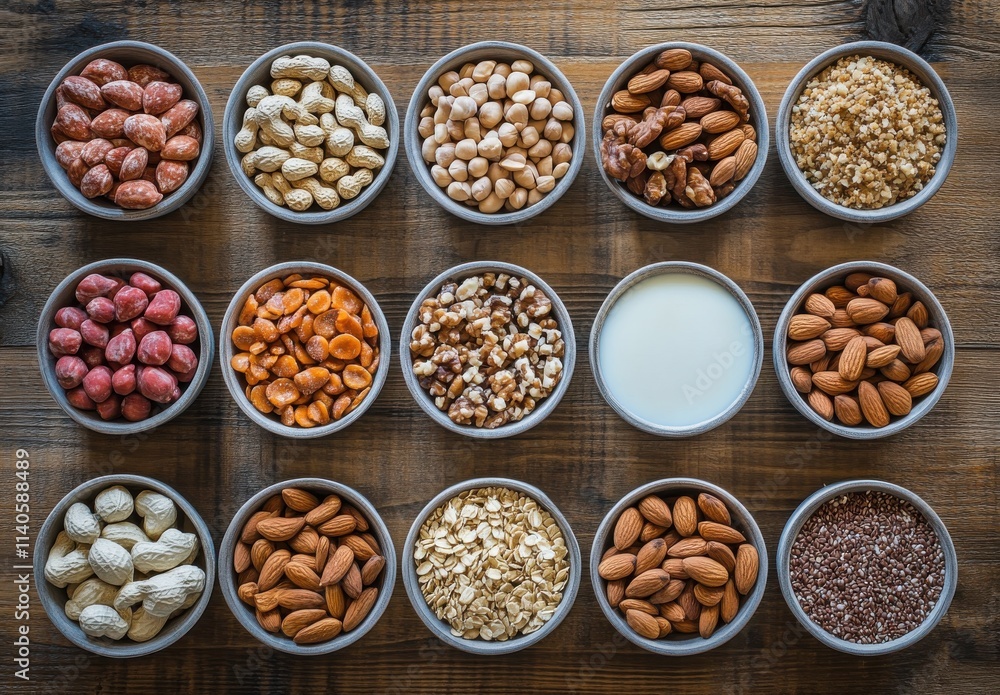 Assorted Nuts and Grains in Round Bowls on Wooden Surface, Featuring Almonds, Peanuts, Chickpeas, and Various Seeds for Healthy Eating and Culinary Inspiration Assorted Nuts and Grains in Round Bowls on Wooden Surface, Featuring Almonds, Peanuts, Chickpeas, and Various Seeds for Healthy Eating and Culinary Inspiration