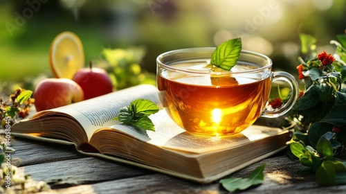 Warm cup of tea beside an open book on a rustic table in the afternoon sunlight
