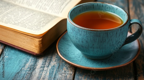 Warm cup of tea beside an open book on a rustic table in the afternoon sunlight