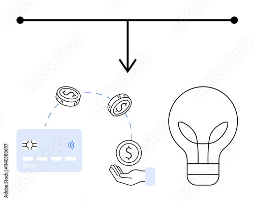 Financial transaction process with card, hand holding money, and innovation lightbulb. Ideal for finance, investment, startup, fintech, business strategy e-commerce creative economy. Line metaphor