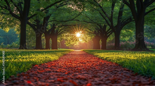 Tranquil pathway in a green park at sunset with sunlight filtering through trees