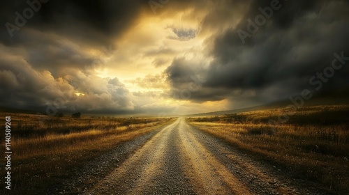 Gravel road leading into dramatic sunset landscape