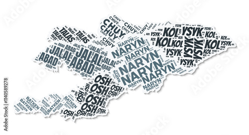 Kyrgyzstan shape text cloud. Country border with shadow on white background. Kyrgyzstan with regions division in vintage gazette style. Beautiful vector illustration.