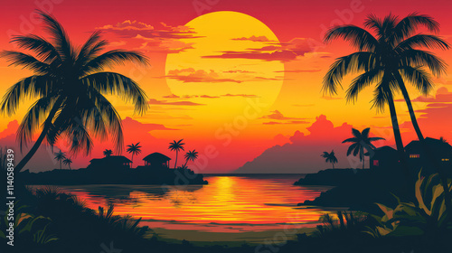 Serene sunset over tropical beach tranquil scene calm ocean silhouette palm trees island beach resort sunset sun sky orange red yellow tropical nature landscape scenic peaceful evening horizon