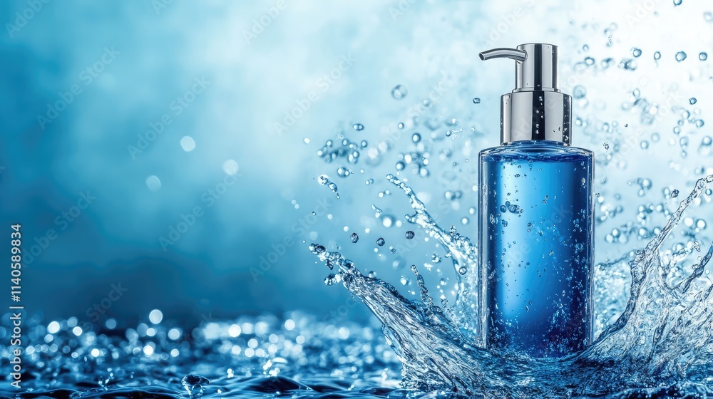 Mockup blue bottle cosmetic stay in blue and white splashes and water drop, light bokeh background Mockup blue bottle cosmetic stay in blue and white splashes and water drop, light bokeh background