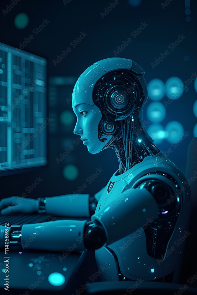 Female Robot Programmer Working in Teal and Blue Tones Female Robot Programmer Working in Teal and Blue Tones