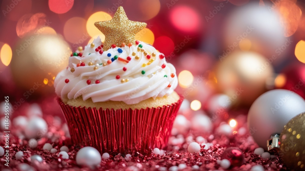 Festive cupcake with a star and colorful sprinkles Festive cupcake with a star and colorful sprinkles