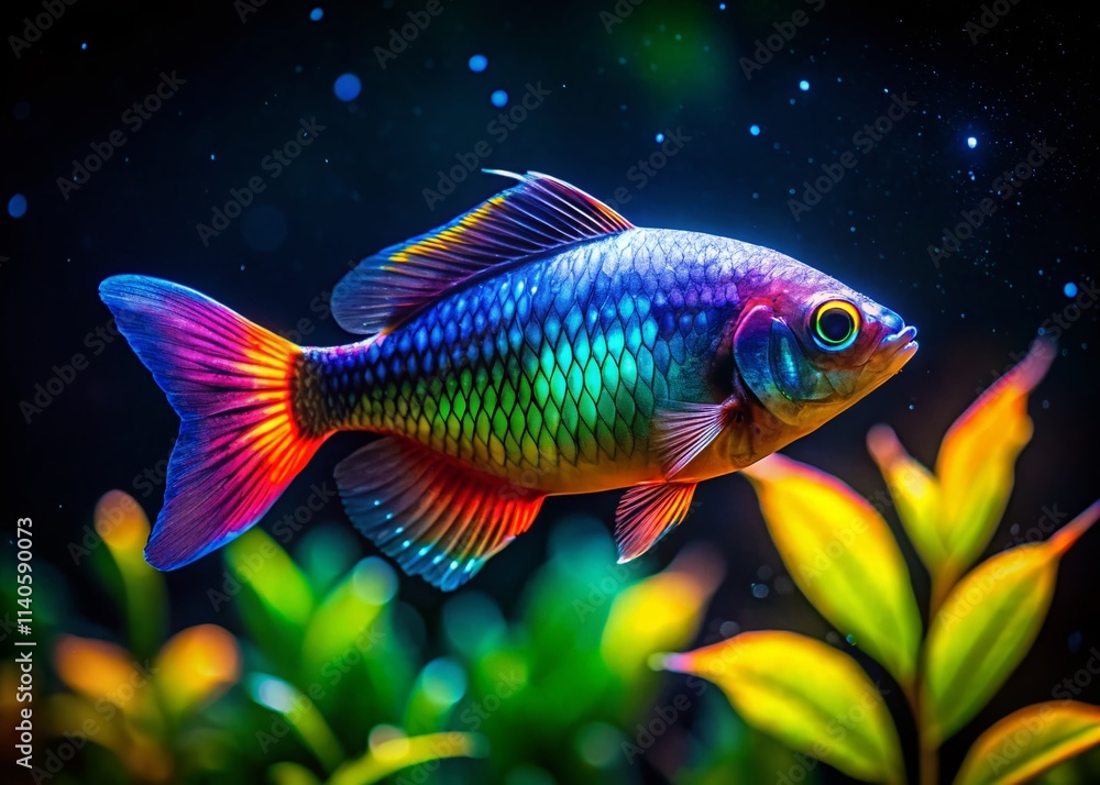 Night Photography Kutubu Rainbow Fish, Underwater Scene, Bioluminescent, Dark Water, Vivid Colors, Aquatic Life, Papua New Guinea Night Photography Kutubu Rainbow Fish, Underwater Scene, Bioluminescent, Dark Water, Vivid Colors, Aquatic Life, Papua New Guinea