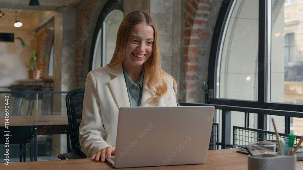 Caucasian businesswoman girl female entrepreneur office business woman laptop computer talking smiling video call chat virtual conference interview say wow amazed surprised good news laughing goodbye Caucasian businesswoman girl female entrepreneur office business woman laptop computer talking smiling video call chat virtual conference interview say wow amazed surprised good news laughing goodbye