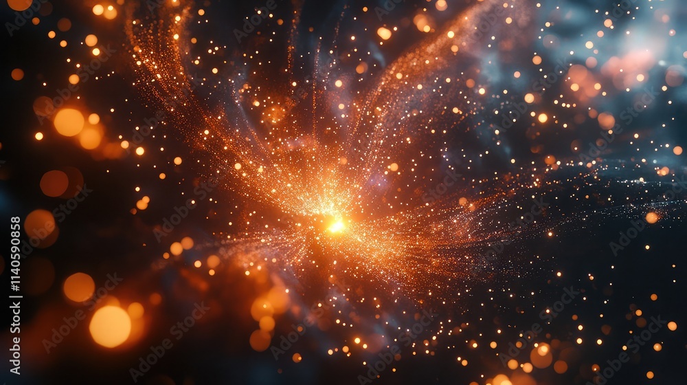 Fototapeta premium Abstract cosmic artwork featuring a mesmerizing explosion of warm-toned particles and glowing lights against a dark background.