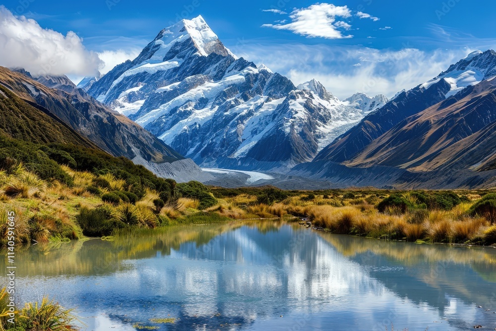 Majestic mountains reflecting on serene lake under a clear blue sky during daylight hours in a remote landscape