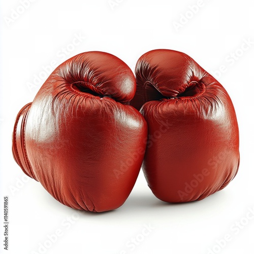 Red boxing gloves positioned together on a plain background for training purp...