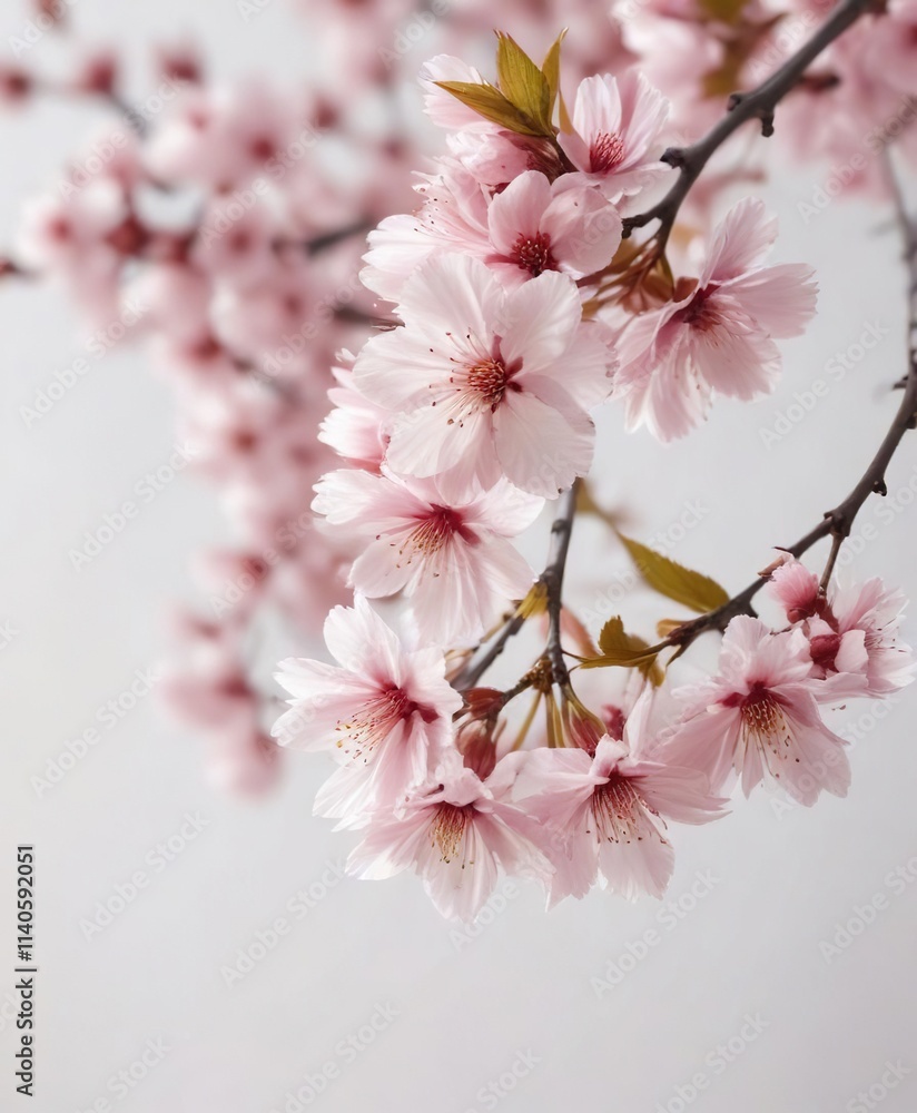 Fototapeta premium Delicate cherry blossom leaves in soft focus on a crisp white background, nature landscape, white background