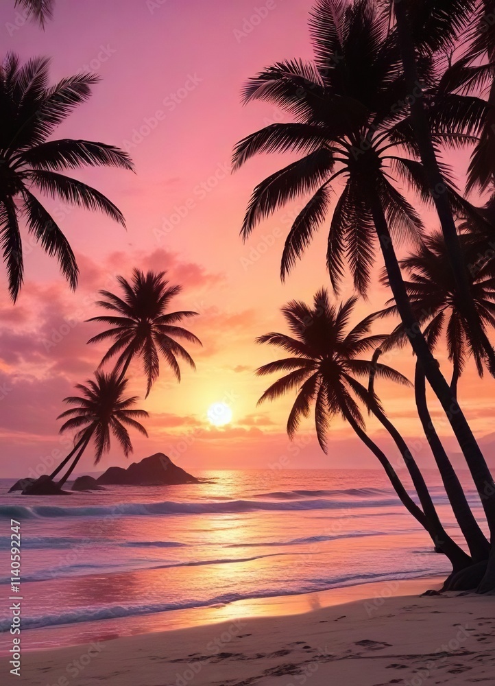 Palm trees and beach scene with a vibrant orange and pink sunset behind, Acapulco, sun Palm trees and beach scene with a vibrant orange and pink sunset behind, Acapulco, sun