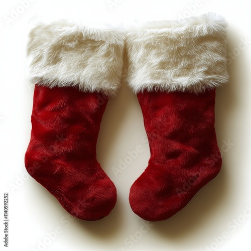 Red Christmas stockings with white fur trim, ready for holiday celebrations i...