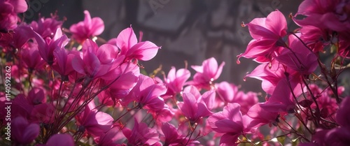 Delicate fuchsia petals unfold like silk fans in the gentle morning light, blooming, nature photo