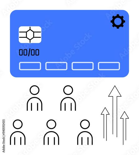 Secure blue chip card user icons, upward arrows. Ideal for finance, security, digital payments, user growth, market trends, technology, business development. Line metaphor