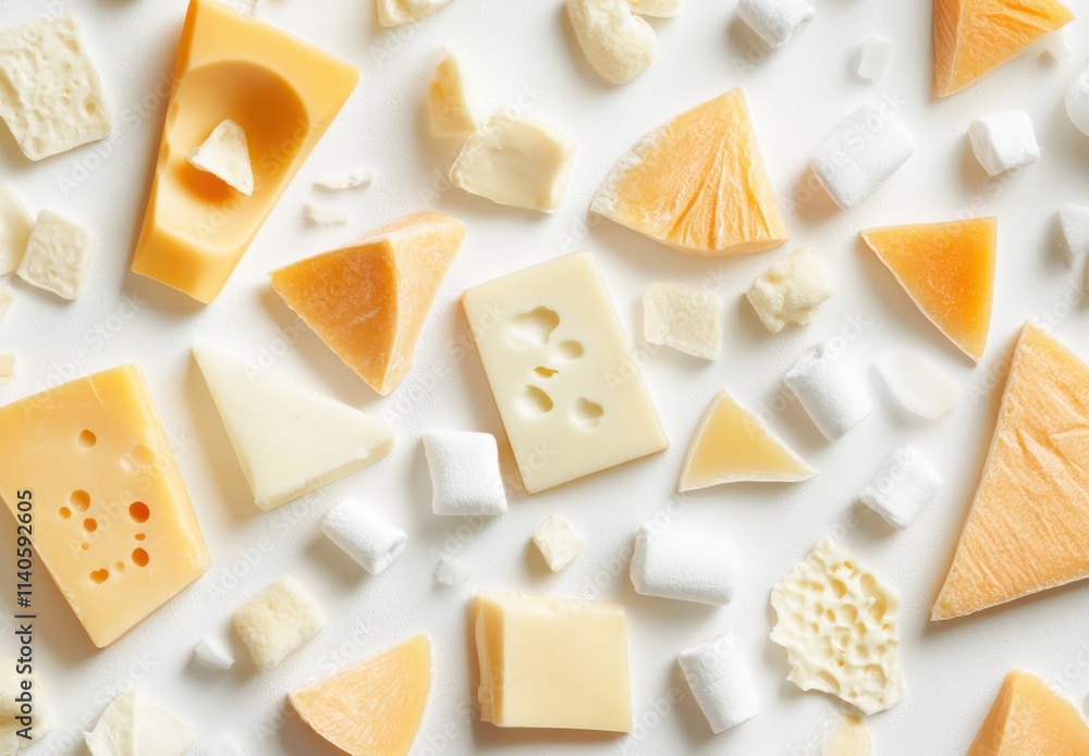 Colorful Variation of Cheese Pieces and Cubes Arranged Aesthetically on a White Background for Culinary and Food Photography Colorful Variation of Cheese Pieces and Cubes Arranged Aesthetically on a White Background for Culinary and Food Photography