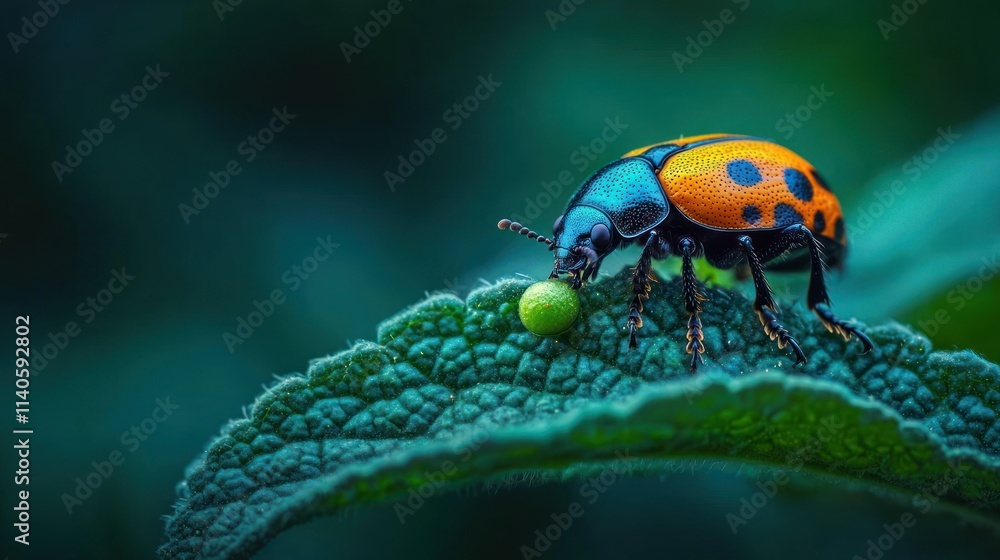 Fototapeta premium Vibrant beetle on green leaf.
