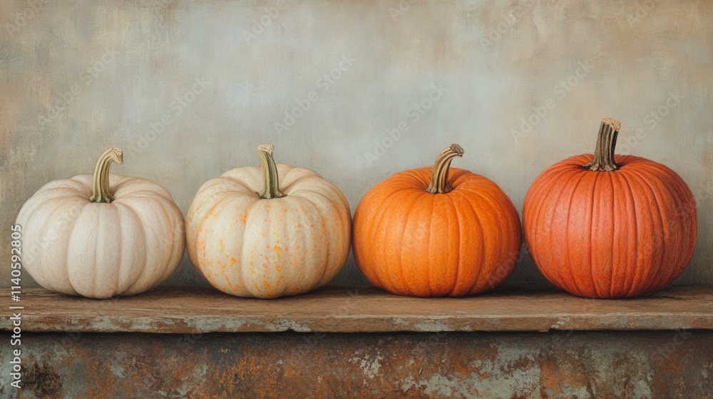 a row of pumpkins sit on a rustic shelf a row of pumpkins sit on a rustic shelf