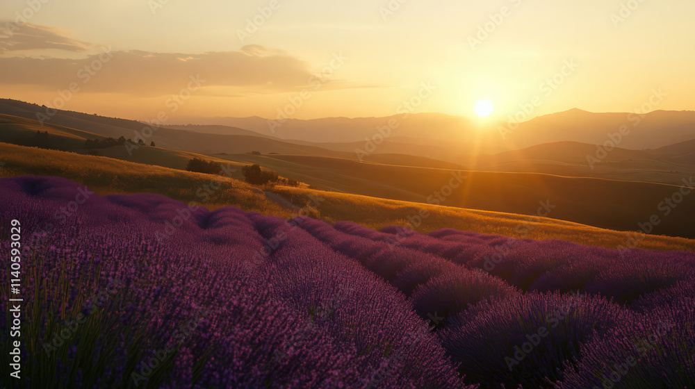 Serene sunset over rolling hills of lavender peaceful golden hour landscape Serene sunset over rolling hills of lavender peaceful golden hour landscape