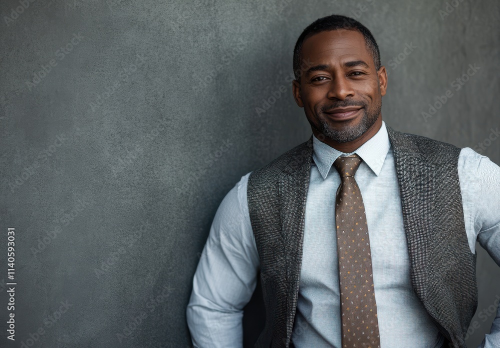 Confident Businessman in Formal Attire Posing Against a Textured Gray Wall, Exuding Professionalism and Charisma in a Modern Business Environment Confident Businessman in Formal Attire Posing Against a Textured Gray Wall, Exuding Professionalism and Charisma in a Modern Business Environment