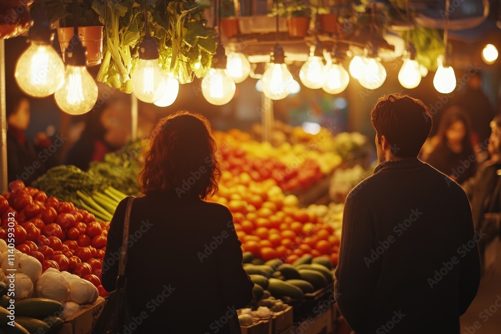 people shop for produce at a night market people shop for produce at a night market
