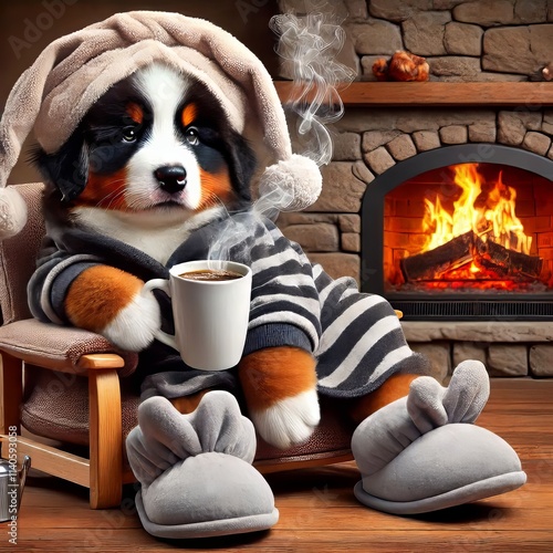 Bernese Mountain Dog Puppy in Robe Drinking Coffee