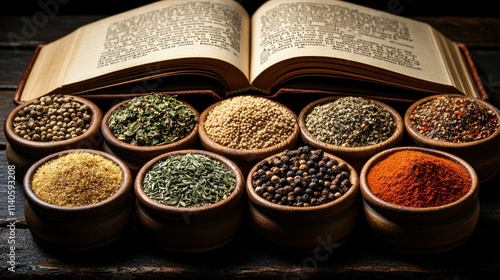 Various spices in bowls with old book. photo