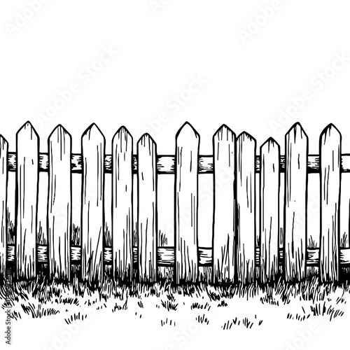 Vintage picket fence sketch against grass, rustic charm