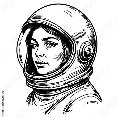 Astronaut wearing helmet in vintage sketch style, space exploration