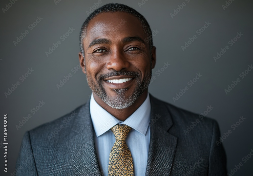 Confident middle-aged businessman with a bright smile wearing a suit and tie against a contemporary gray background, exuding professionalism and approachability Confident middle-aged businessman with a bright smile wearing a suit and tie against a contemporary gray background, exuding professionalism and approachability