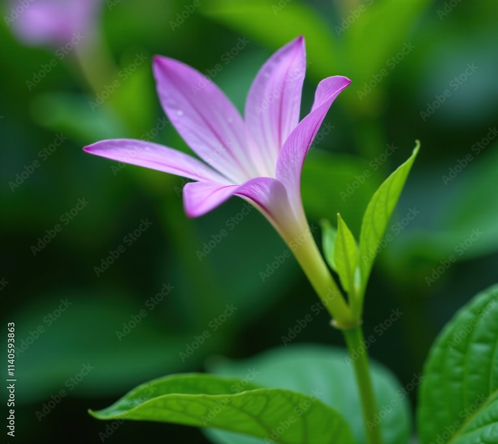 Petal unfurls on a slender stem amidst lush green foliage, petals, delicate purple flower Petal unfurls on a slender stem amidst lush green foliage, petals, delicate purple flower