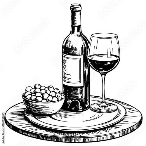 Vintage wine bottle and glass with grapes on wooden platter, culinary art