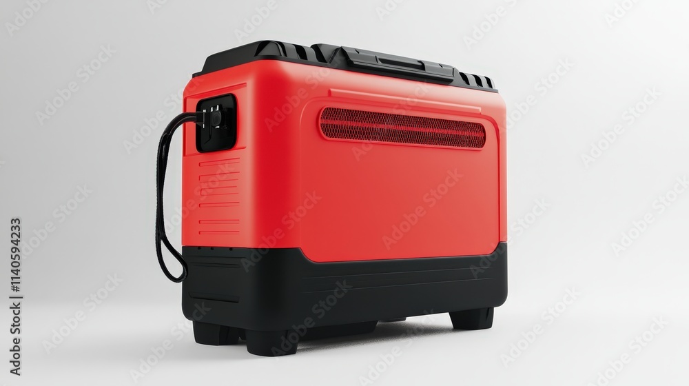 Naklejka premium Portable red generator with black base and power cord on white background