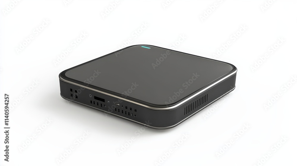 Compact black mini computer with sleek design and multiple ports Compact black mini computer with sleek design and multiple ports