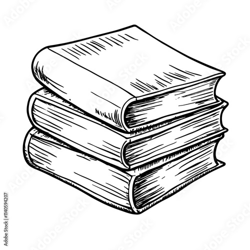 Stacked books in black and white sketch, symbol of knowledge