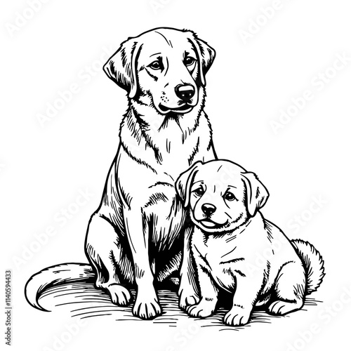 Two playful puppies resting together in black and white sketch, companionship